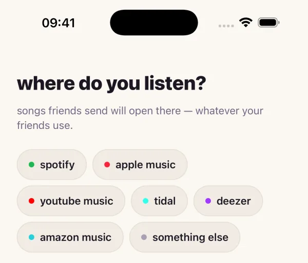 slipcue asking “where do you listen?” — spotify, apple music, youtube music, tidal, deezer, amazon music or something else